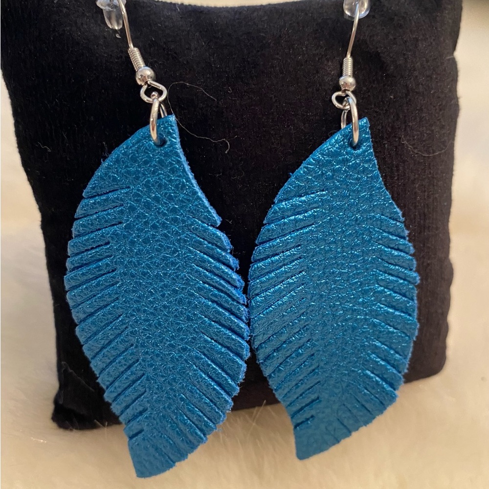 Faux Leather Tropical Blue Leaf Drop Earrings